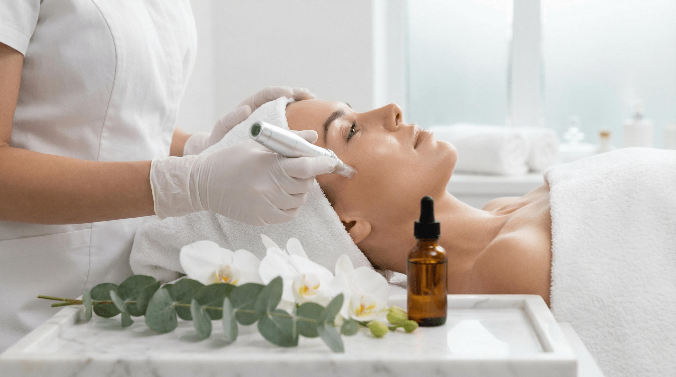 Professional performing a micro-needling facial treatment on client