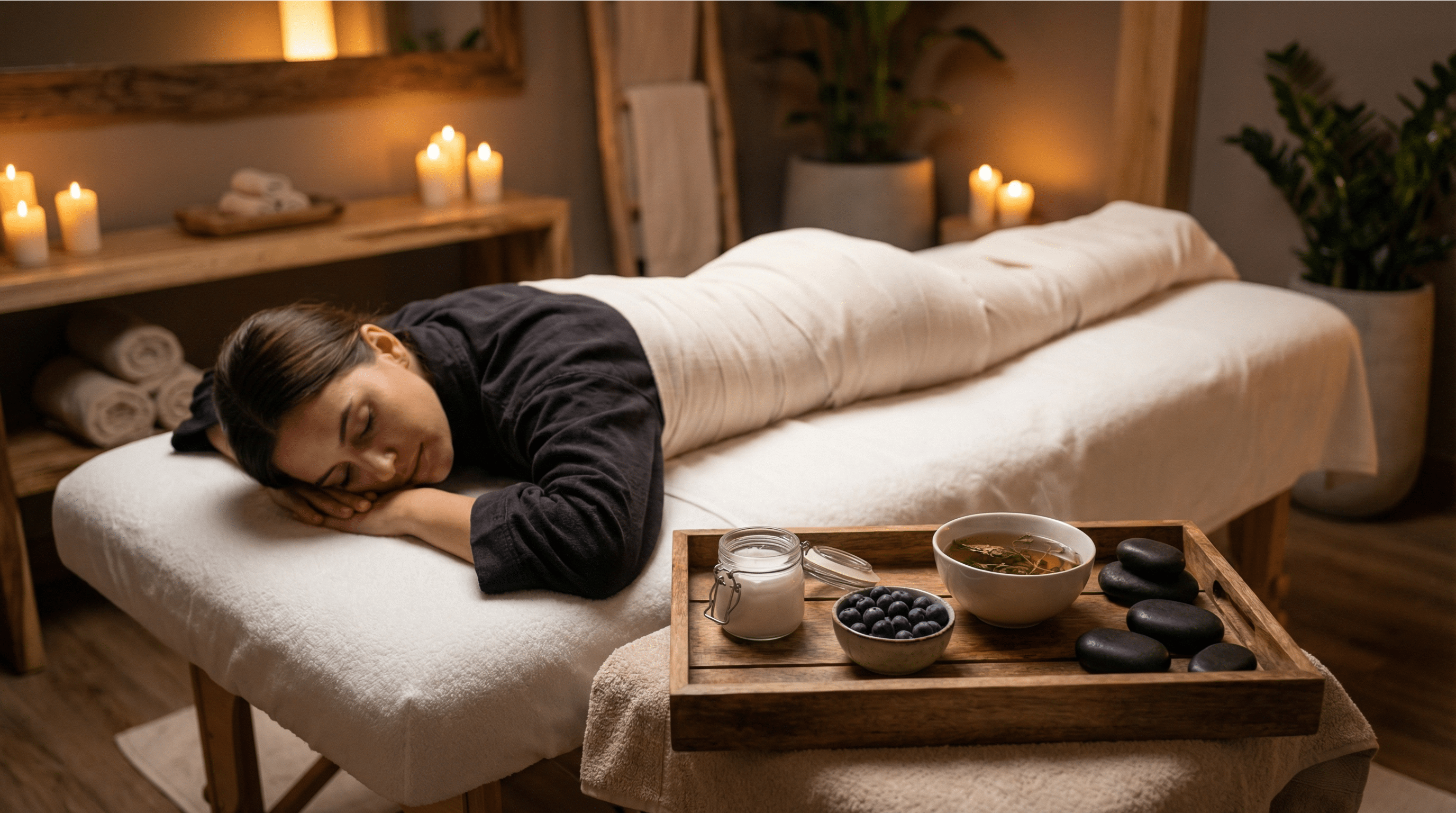 Client wrapped in towels during a spa body wrap treatment