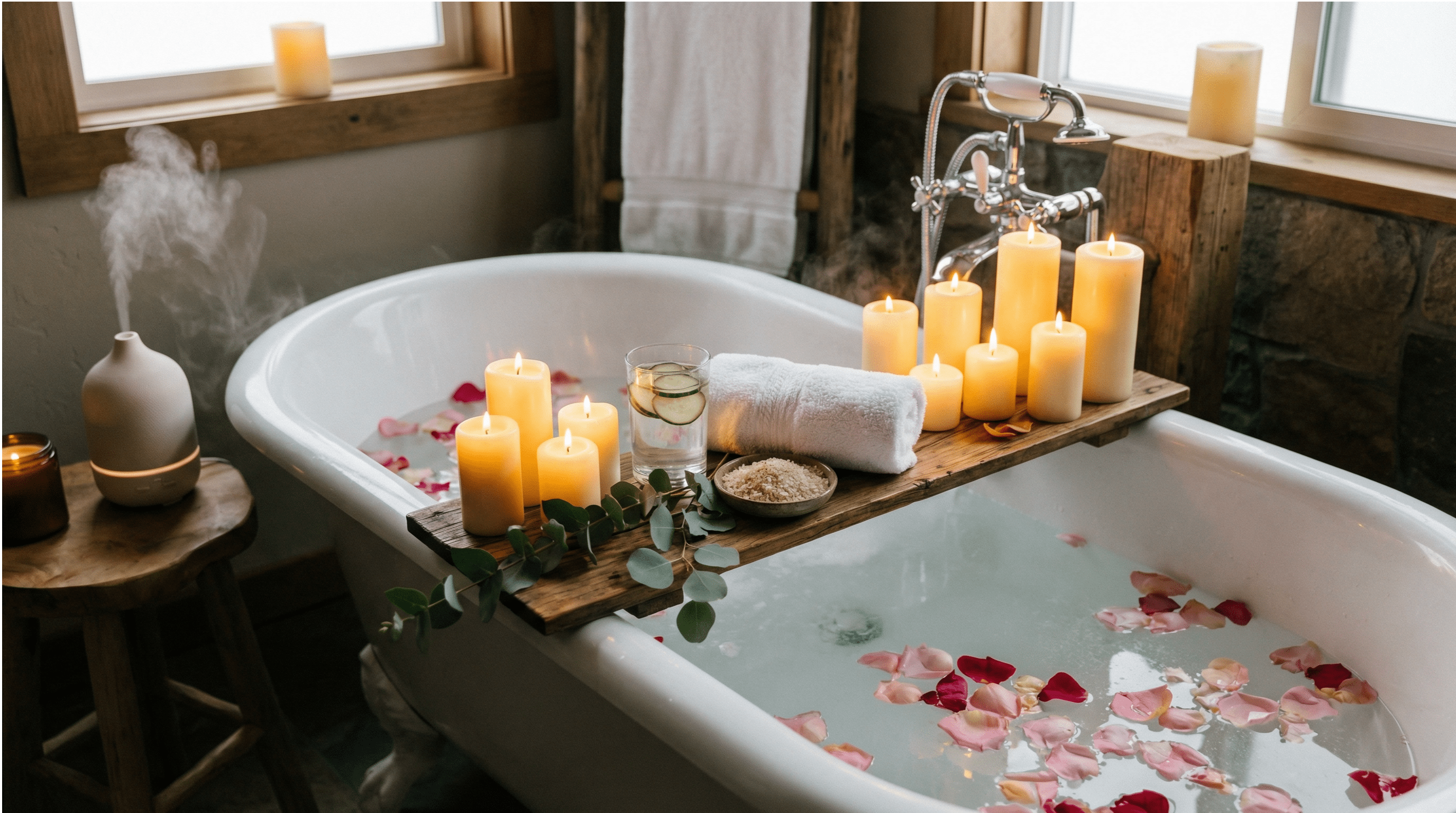 Candles and towels set up for a relaxing home spa experience