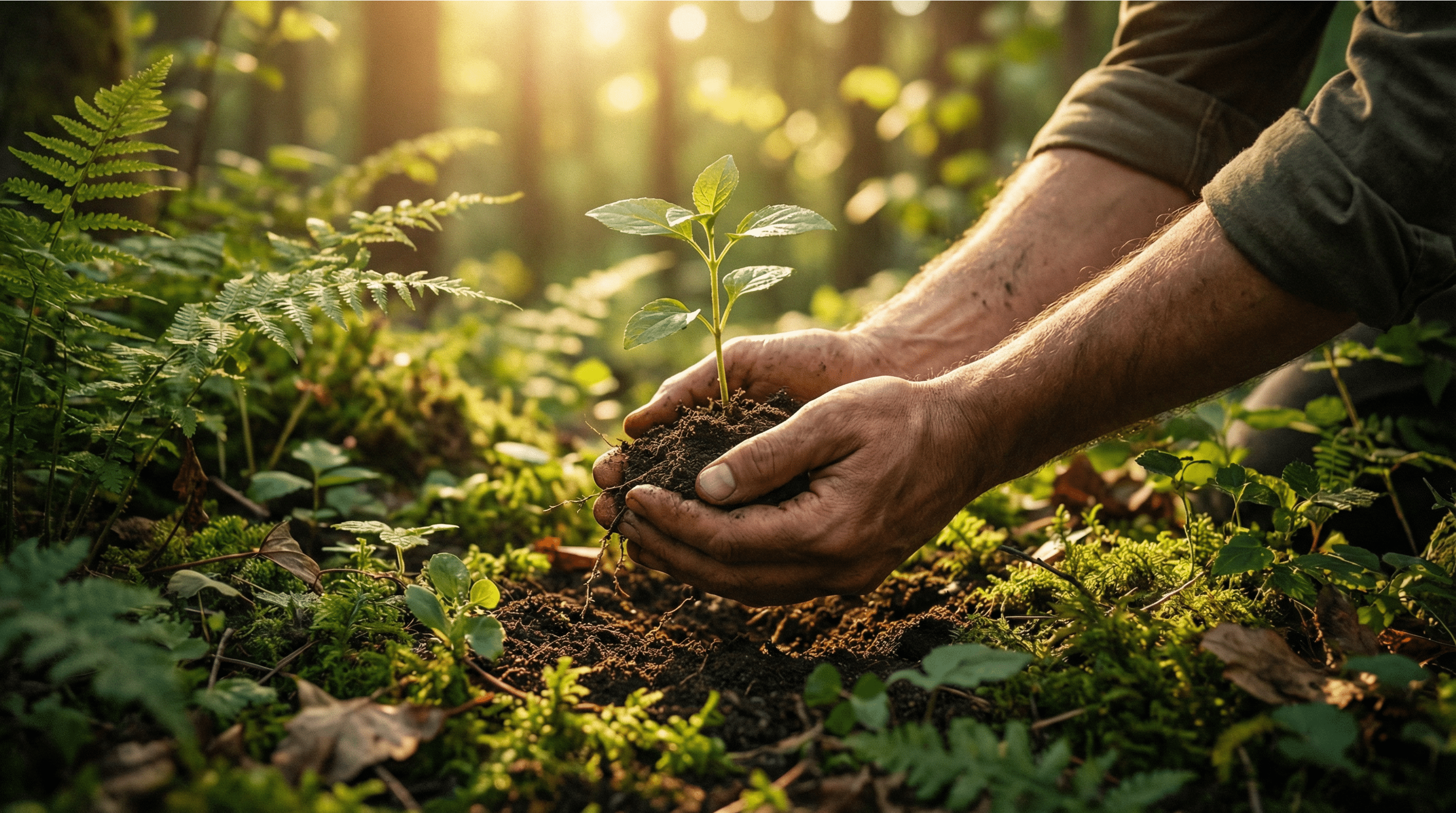 Hands touching green plants representing eco-friendly skincare choices