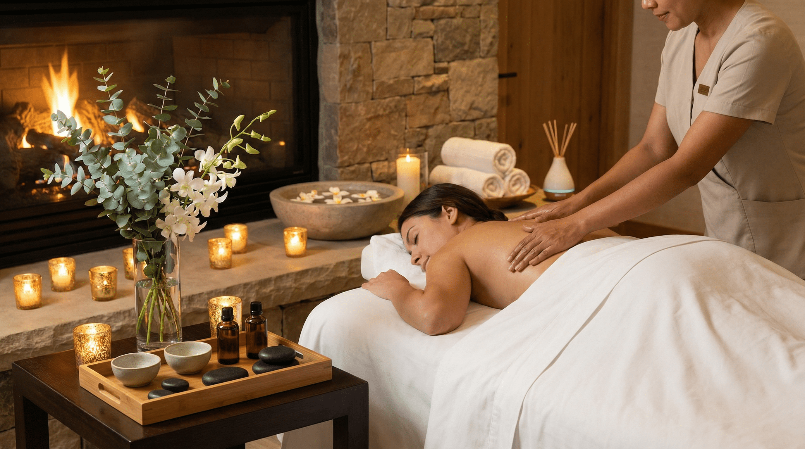 Client enjoying a relaxing spa body treatment with hot stones