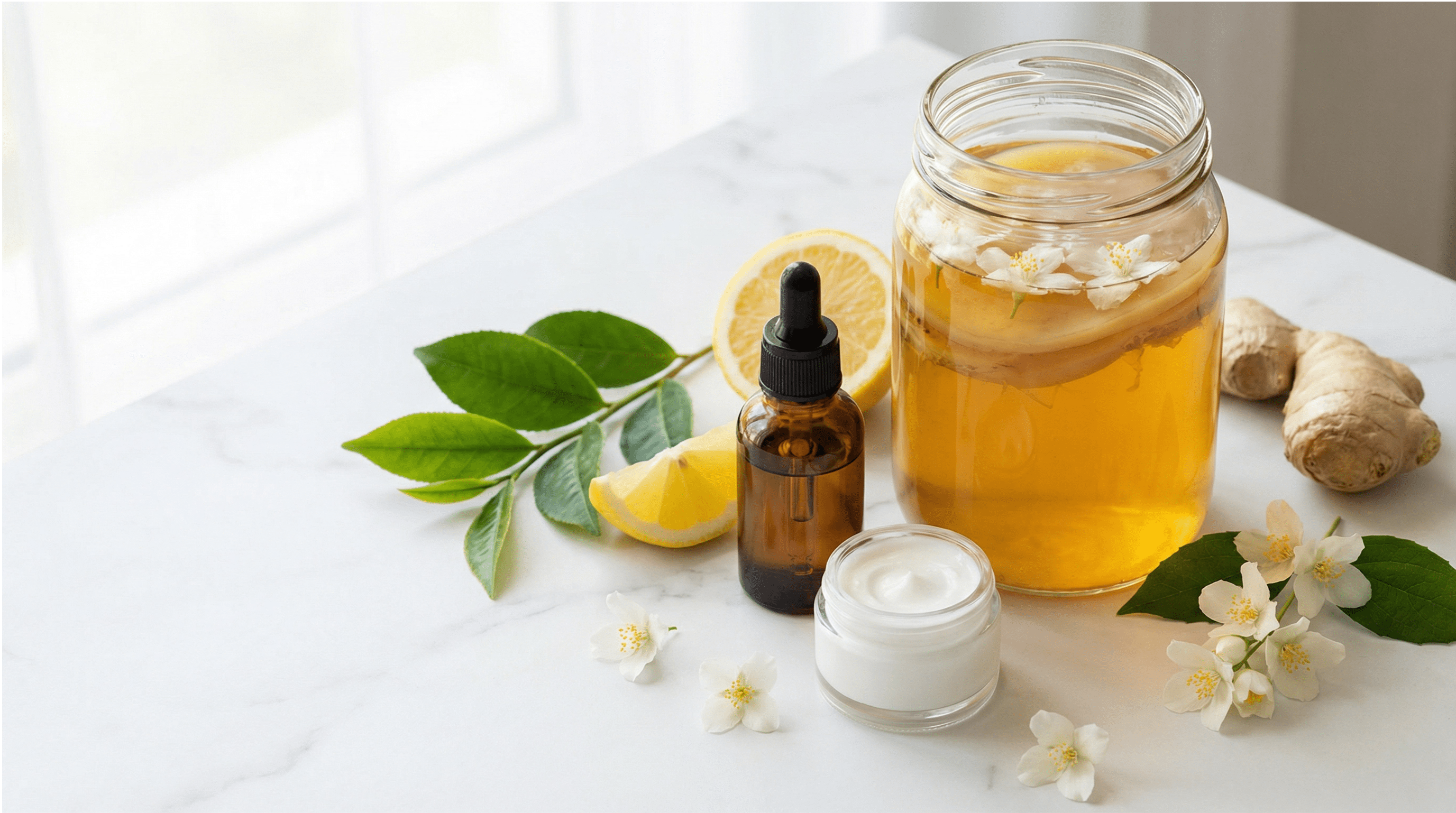 Glass of kombucha and fresh ingredients for skin microbiome health