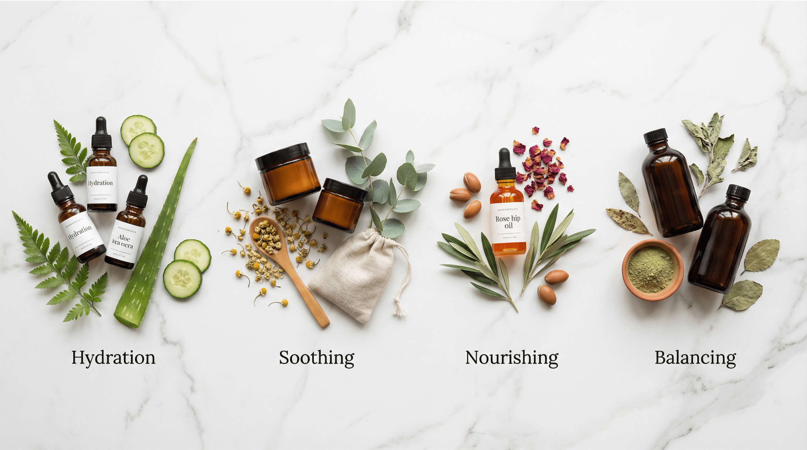 Various natural skincare ingredients sorted for different skin types