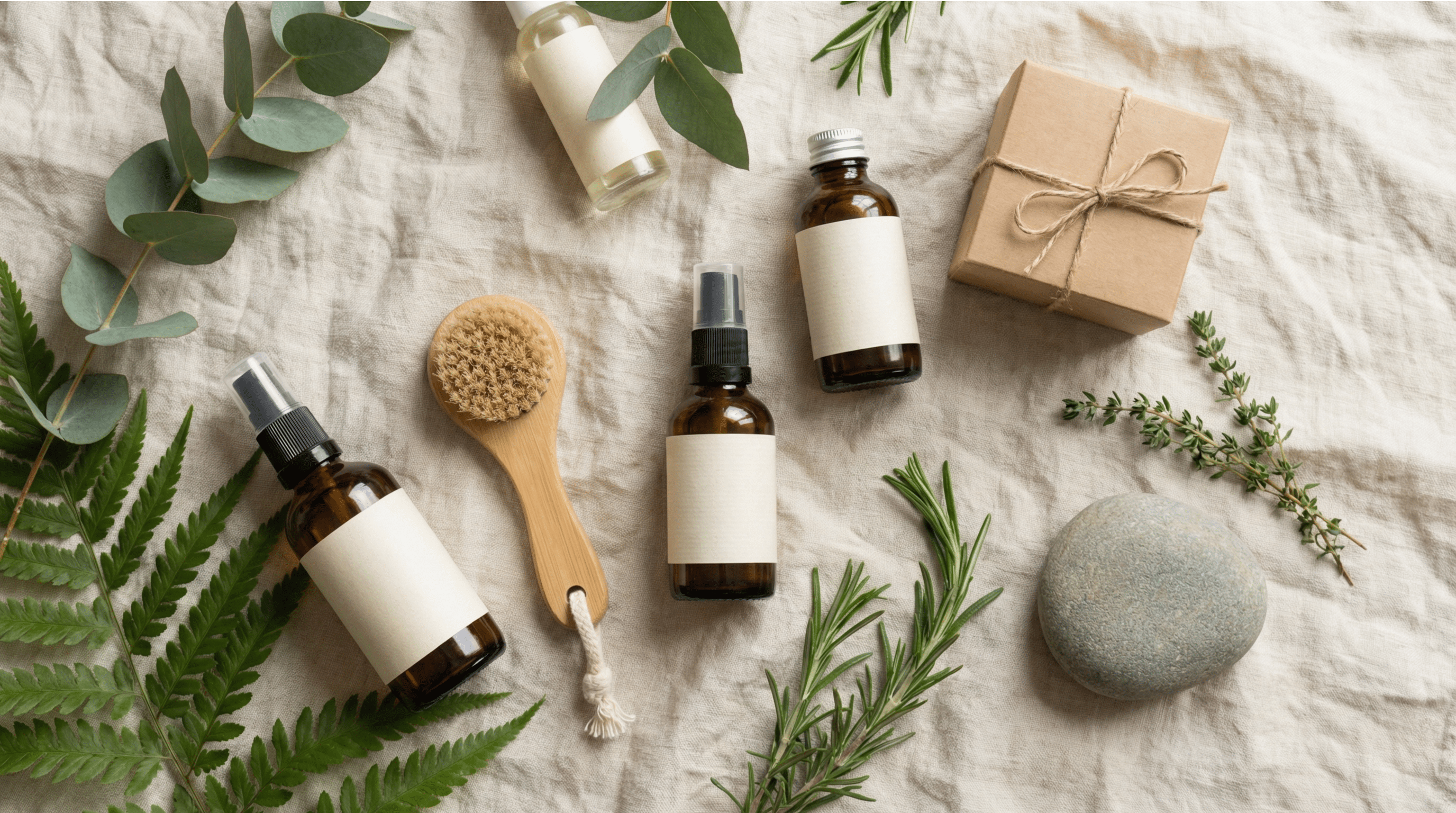 Eco-friendly skincare products arranged with natural botanicals